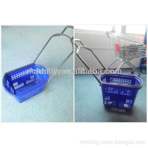 Wholesale 45L Supermarket plastic shopping basket with castors & handle